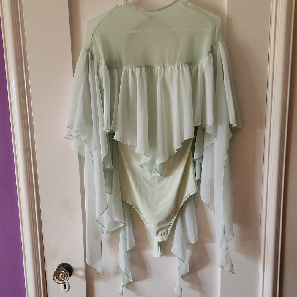 Smooth Or Ballroom Practice Top. Elegant Mint Green Off-Shoulder Bodysuit.